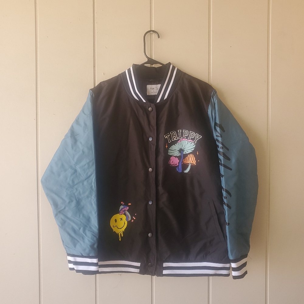 Rue21 Women's Trippy Mushroom Graphic Satin Bomber Jacket Large Girlhoodcore